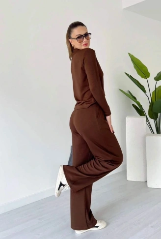 Polo yaka alt üst kollu modal takım kahve pt