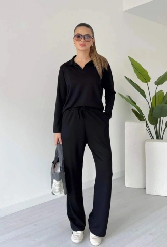 Polo yaka alt üst kollu modal takım siyah pt