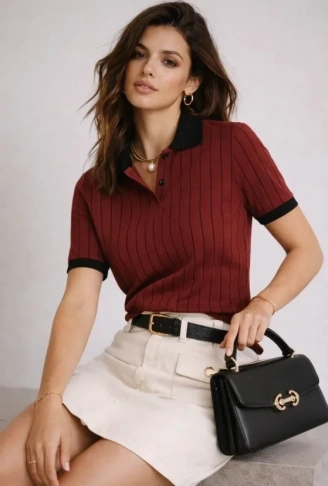 Polo Yaka Çizgili Tişört Kısa Kol Düğmeli Yazlık T-Shirt - Bordo