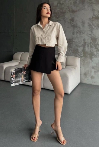 Poplin crop gömlek bej s3060