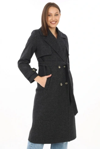 Premium Kaşe Kaban Uzun Boy, Balık Sırtı Yünlü Kaşmir Dokuma, Kruvaze Kuşaklı Astarlı - Siyah