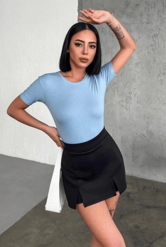 Rahat Ve Şık Kısa Kollu Bisiklet Yaka Likralı Viskon Penye Body Bebe Mavisi ( Lisinya )