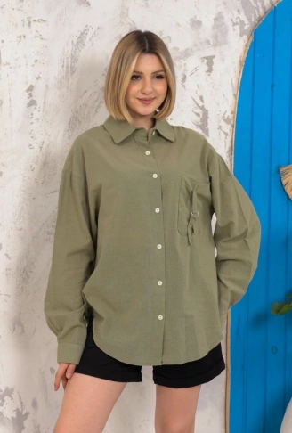 Relax fit keten gömlek haki s255349
