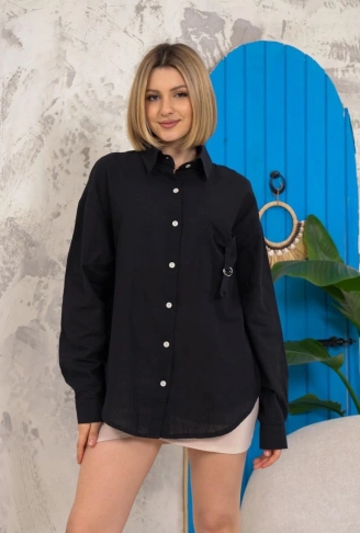 Relax fit keten gömlek siyah s255349