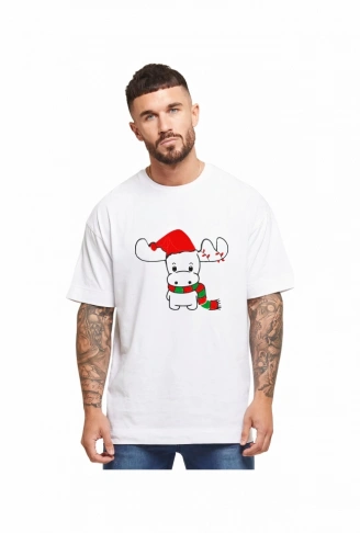 Ren Geyiği Baskılı Noel İçin T-shirt - Beyaz