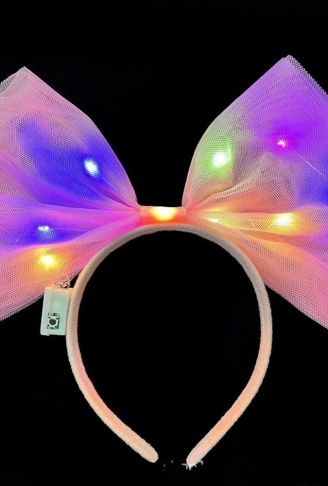 Rengarenk Led Işıklı Fiyonk Şekilli Tül Parti Tacı Pembe Renk 25x25 cm (4940)