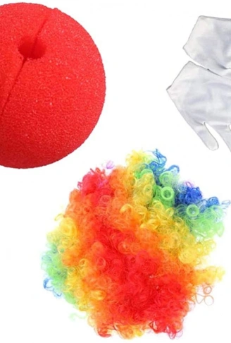 Rengarenk Palyaço Peruk Beyaz Eldiven Kırmızı Sünger Burun Palyaço Seti 3 Parça (4940)