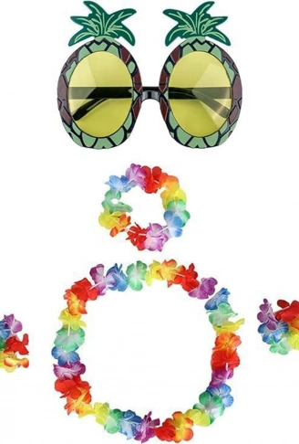 Renkli Ananas Gözlük, Taç, Kolye ve Bileklik Seti (4940)