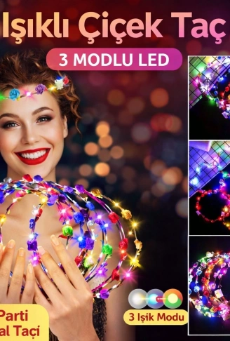 Renkli LED Çiçek Taç – 3 Işık Modlu Glow Parti Tacı (4940)