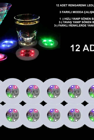 Renkli LED Işıklı Bardak Altlığı - Dekoratif (12 Adet, Pilli) (4940)