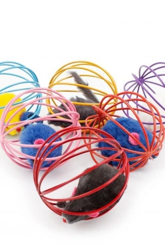 Renkli Metal Kafesli Peluş Fareli Kedi Köpek Oyuncağı Oyun Topu 6 cm (4940)