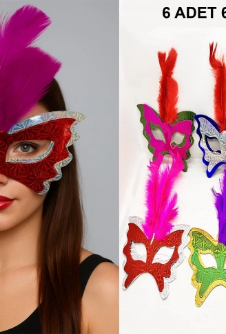Renkli Parti Maskesi 6&apos;lı | Tüylü Karton Maske Seti (Lastikli) (4940)