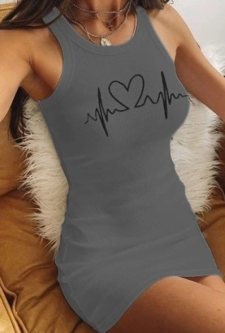 Ritim Kalp Baskılı Sıfır Kol Kaşkorse Elbise