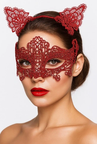 Romantik Kırmızı Dantel Maske Seti – Kedi Kulaklı Taç ve Maske 3 No (4940)