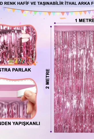 Rose Gold Renk Ekstra Metalize Parlak Saçaklı Arka Fon Perde İthal A Kalite 1x2 Metre (4940)