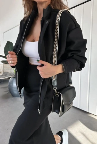 RYSE Mevsim Kaşe Fermuarlı Ceket Etek Takım Kaşmir Ceket Etekli  İkili Takım Kaşe Bomber Ceket-Etek Takım