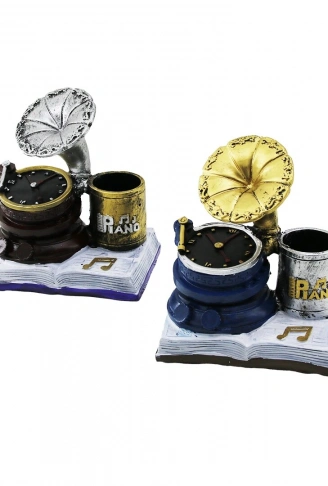 SAAT - GRAMAFON VİNTAGE DEKORATİF BİBLO - RENKLİ KALEMLİK 13X12X8.5CM REÇİNE (4940)
