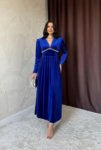 Saks Göğüs Altı Taşlı Elbise