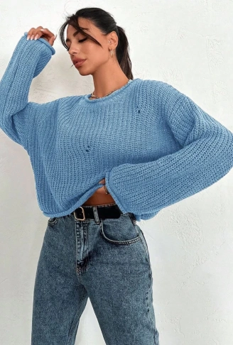 Salaş delik detaylı kazak mavi