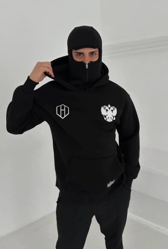 Samuray Ninja Çift Kapşonlu ZIP Fermuarlı Kanguru Çepli Tam Fermuarlı Hoodie ön Ve Arka Baskılı Maske Detaylı Swetshirt - Siyah