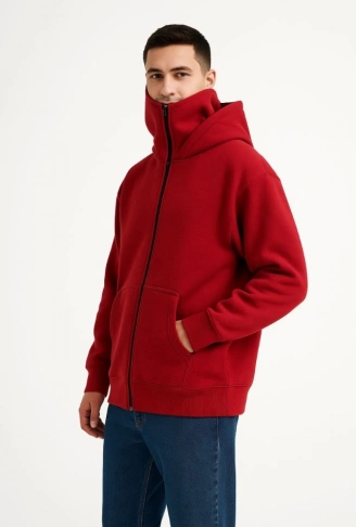 Samuray Ninja Çift Kapşonlu ZIP Fermuarlı Kanguru Çepli Tam Fermuarlı Hoodie Swetshirt - Kırmızı
