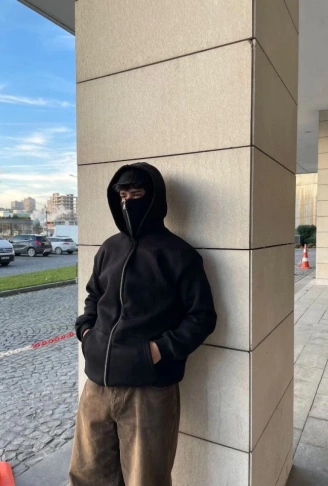 Samuray Ninja Çift Kapşonlu ZIP Fermuarlı Kanguru Çepli Tam Fermuarlı Hoodie Swetshirt - Siyah