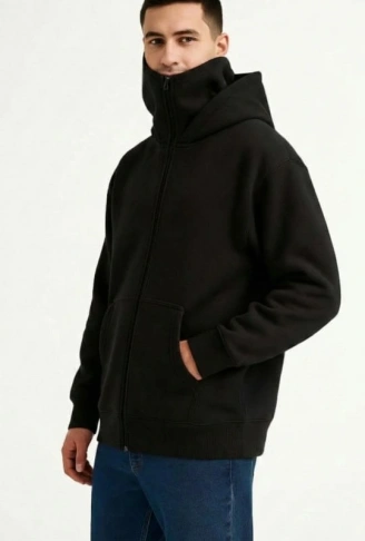 Samuray Ninja Çift Kapüşonlu ZIP Fermuarlı Kanguru Cepli Tam Fermuarlı Hoodie Sweatshirt - Siyah