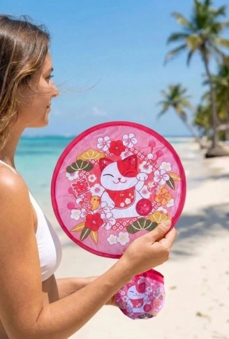 Şanslı Kedi (Maneki Neko) Desenli Katlanabilir Cep Yelpazesi - Kılıflı Sevimli El Yelpazesi (4940)