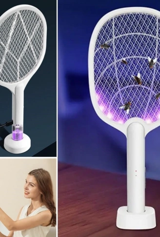 Şarjlı Sinek Öldürücü Masaüstü Standlı,Mor Işık Sinek Kovucu Raket 5w (4940)