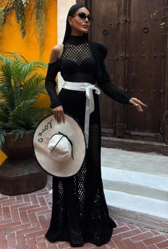 Saten Kuşaklı Ajurlu Triko Elbise 2847