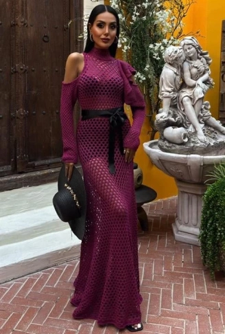 Saten Kuşaklı Ajurlu Triko Elbise 2847