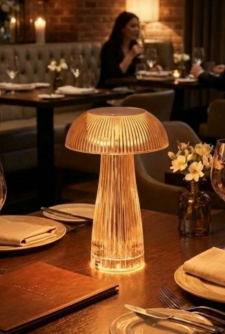 Şeffaf Mantar Model LED Masa Lambası –Kumandalı Şarjlı, Dokunmatik, Rengarek Işık Modlu Dekoratif Gece Lambası (4940)