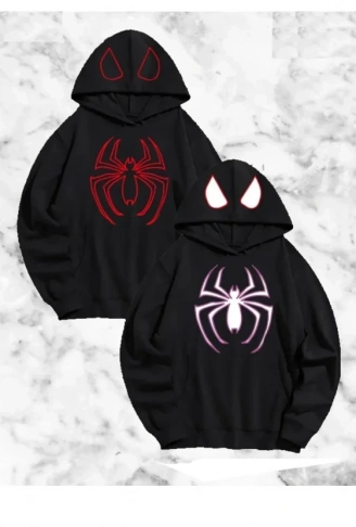 Sevgili Çift Kombini Örümcek Baskılı Kapüşonlu Sweatshirt Hoodie - Siyah