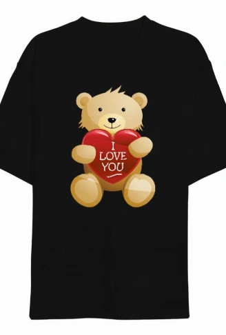 Sevgililer Günü İçin Özel Tasarım I Love You Ayı Baskılı T-shirt - Siyah