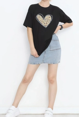 Sevgililer Günü İçin Özel Tasarım Leopar Kalp Baskılı T-shirt - Siyah