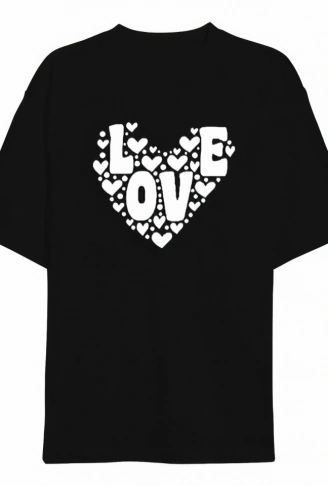Sevgililer Günü İçin Özel Tasarım Love Kalp Baskılı T-shirt - Siyah