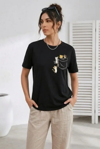 Sevimli Kedi Cep Baskılı Tişört Kısa Kol Yazlık T-Shirt - Siyah
