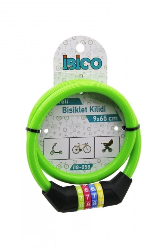 ŞİFRELİ İNCE BİSİKLET KİLİT ÇELİK TEL YEŞİL RENKLİ KILIF 9MMX65CM (4940)