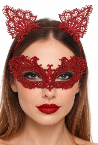 Şık Kırmızı Dantel Maske ve Taç Seti 5 No – Maskeli Balo &amp;amp; Özel Etkinlikler (4940)