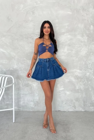 Şık Pileli Yazlık Mini Etekli Kot- Saks Mavisi