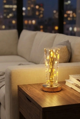 Silindirik Kristal Altın Toz Model LED Masa Lambası – Gold Tabanlı, Dokunmatik, 3 Renk Işık Modlu, Şarjlı Modern Dekoratif Gece Lambası (4940)