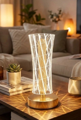 Silindirik Kristal Çizgi Model LED Masa Lambası – Gold Tabanlı, Dokunmatik, 3 Renk Işık Modlu, Şarjlı Modern Dekoratif Gece Lambası (4940)