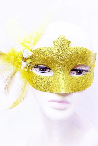 Sim İşlemeli İnci Boncuk Detaylı Tüylü Balo Maskesi Altın Renk 13x18 cm (4940)