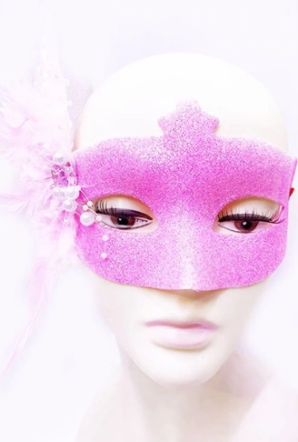 Sim İşlemeli İnci Boncuk Detaylı Tüylü Balo Maskesi Pembe Renk 13x18 cm (4940)