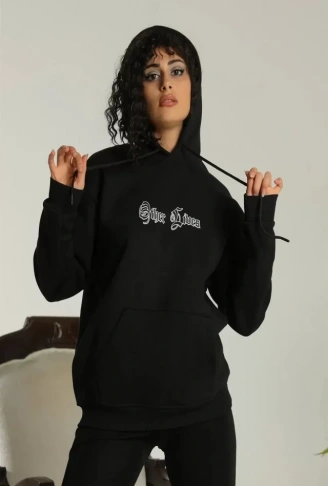 Sırt Baskılı Oversize Üç İplik Kapüşonlu Sweatshirt - Siyah