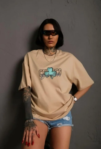 Sırt Baskılı T-shirt - Bej