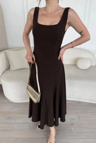 Sırt Dekolteli Kolsuz Uzun Elbise - Kahverengi