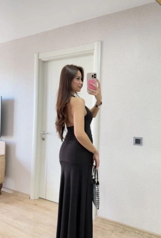 Sırt Dekolteli Uzun Kollu Elbise - Siyah