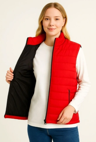 Şişme Fermuarlı Yelek Su Itici Kapitone Astarlı Kumaş Cepli Hafif Kışlık Spor Rahat Kalıp - Kırmızı