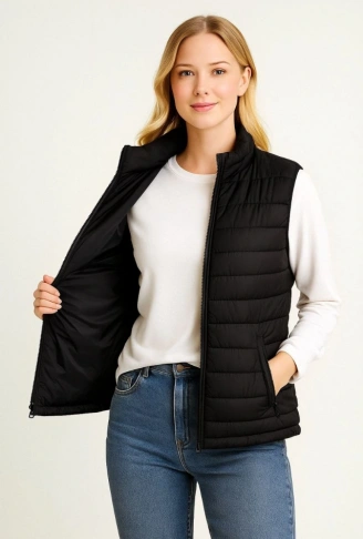 Şişme Fermuarlı Yelek Su Itici Kapitone Astarlı Kumaş Cepli Hafif Kışlık Spor Rahat Kalıp - Siyah